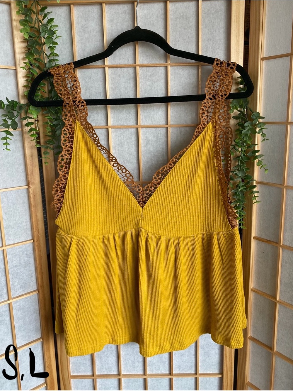Umgee Mustard Yellow Tank with Brown Lace Trim